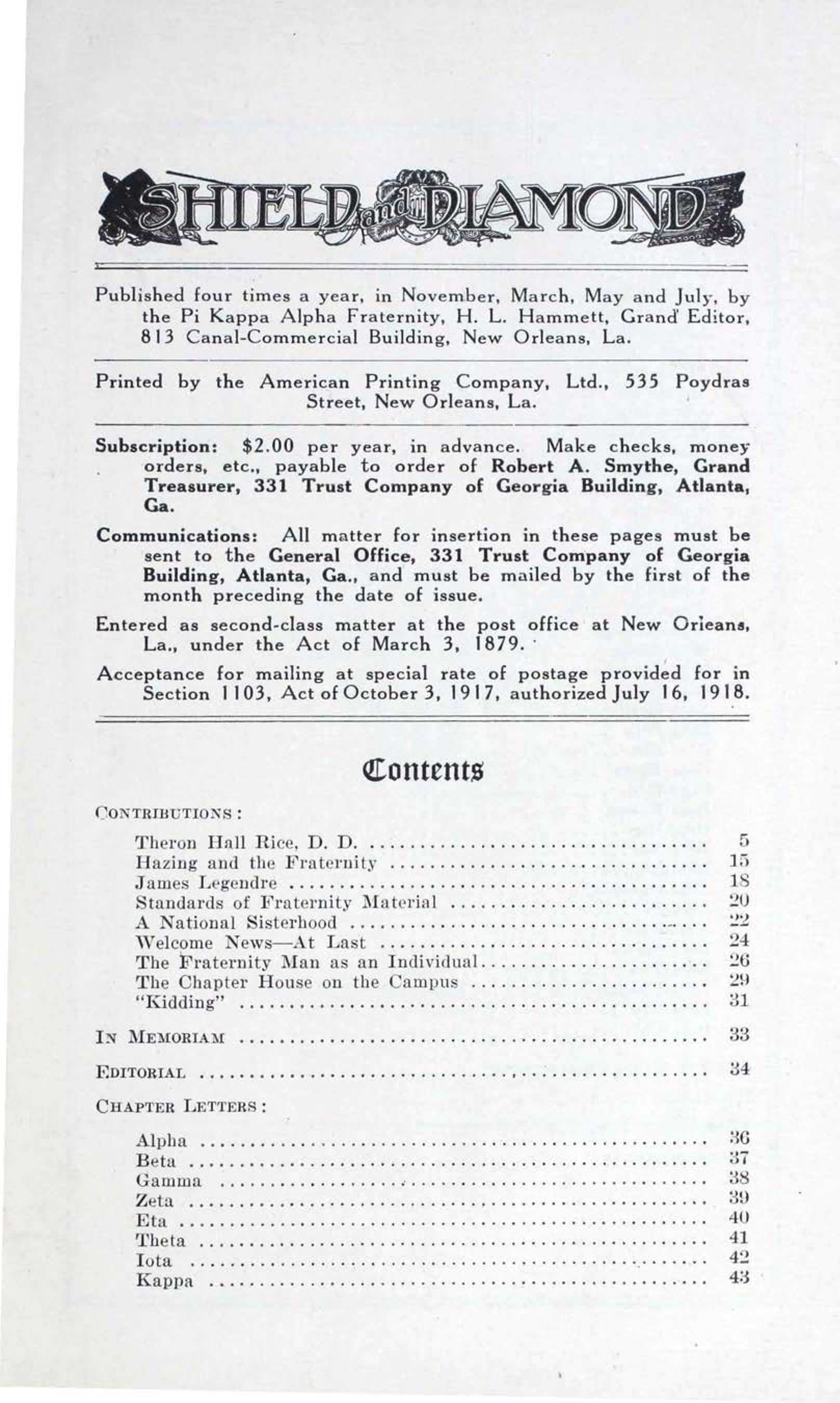 Shield and Diamond, Vol. 32, No. 1, November 1922